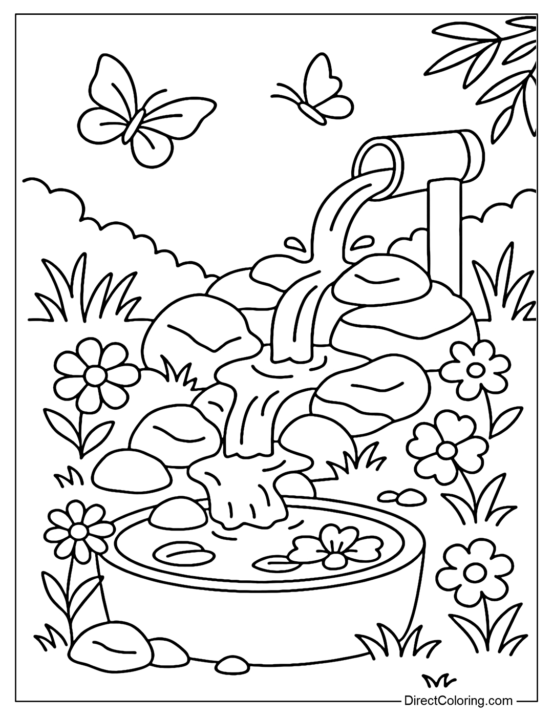 Coloring page of a small stream flowing over mossy pebbles in the backyard, wildflowers along the shore, butterflies flying