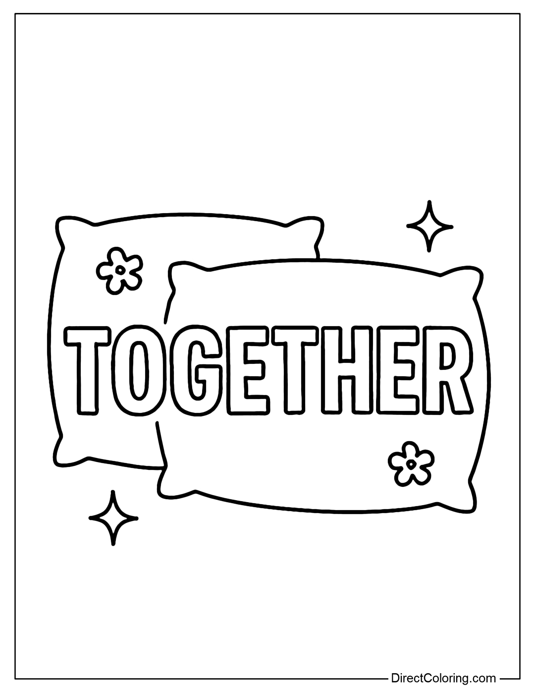 The Together coloring page is placed prominently and clearly on two pillows placed next to each other. Each pillow has a soft, slightly puffy border, creating a warm and close feeling.