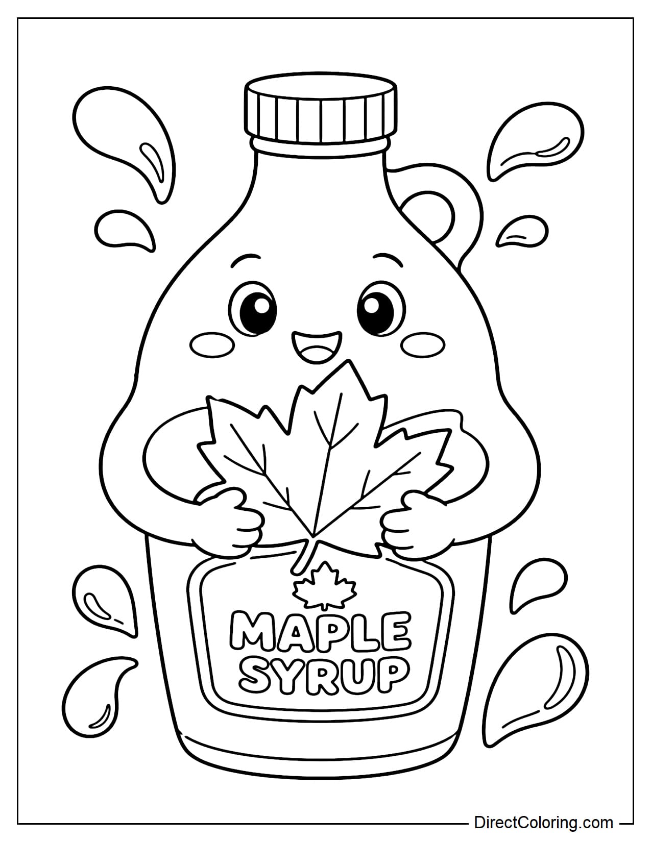 A cartoon maple syrup bottle with an adorable smiling face and small hands holding a large maple leaf, surrounded by a few soft, curved drops of syrup.