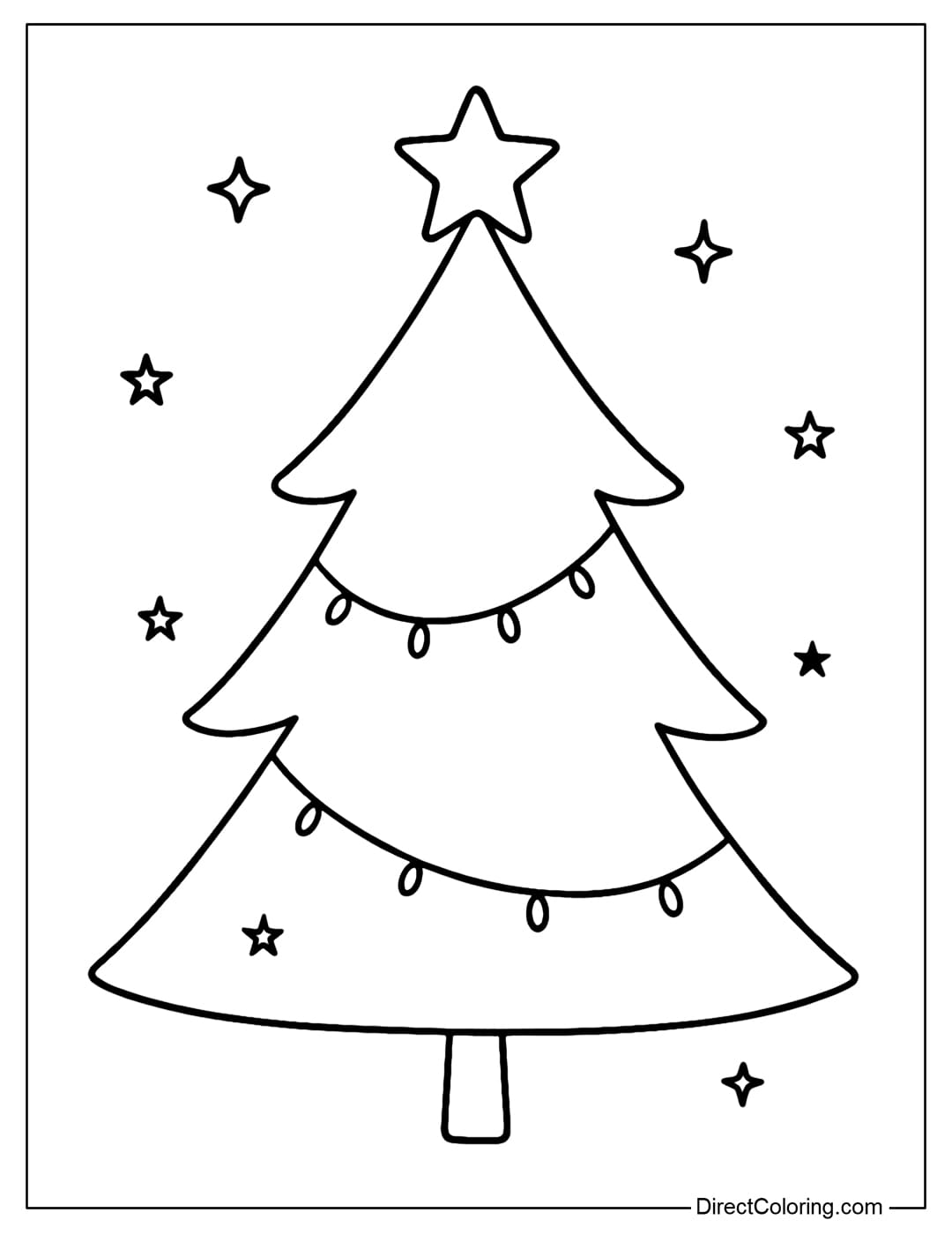 A minimalistic tree coloring page with only thin lines, a few stars and curved lights.