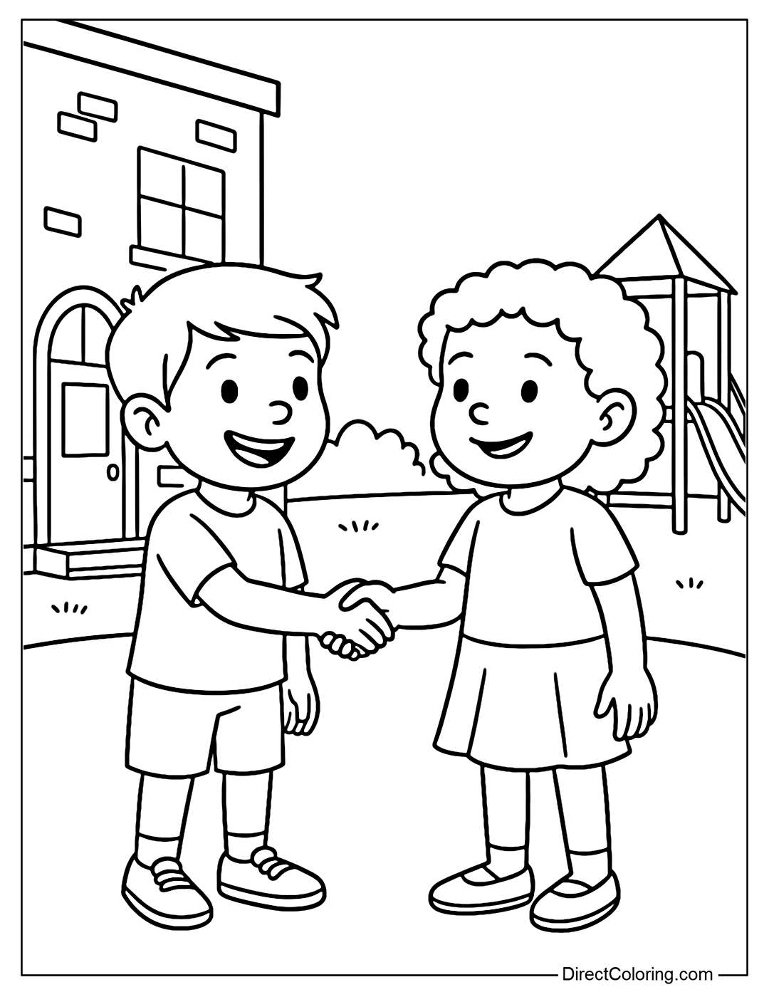 Coloring page of two children meeting for the first time in the school yard and shaking hands.