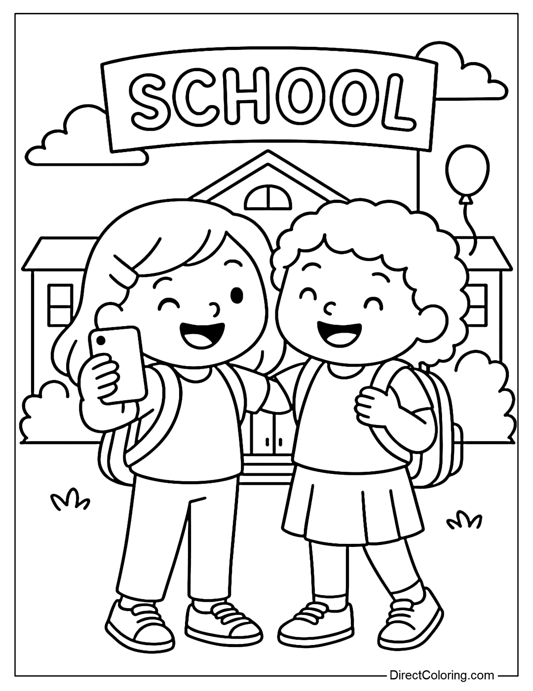 Coloring page of children taking selfies with friends in front of the school gate.