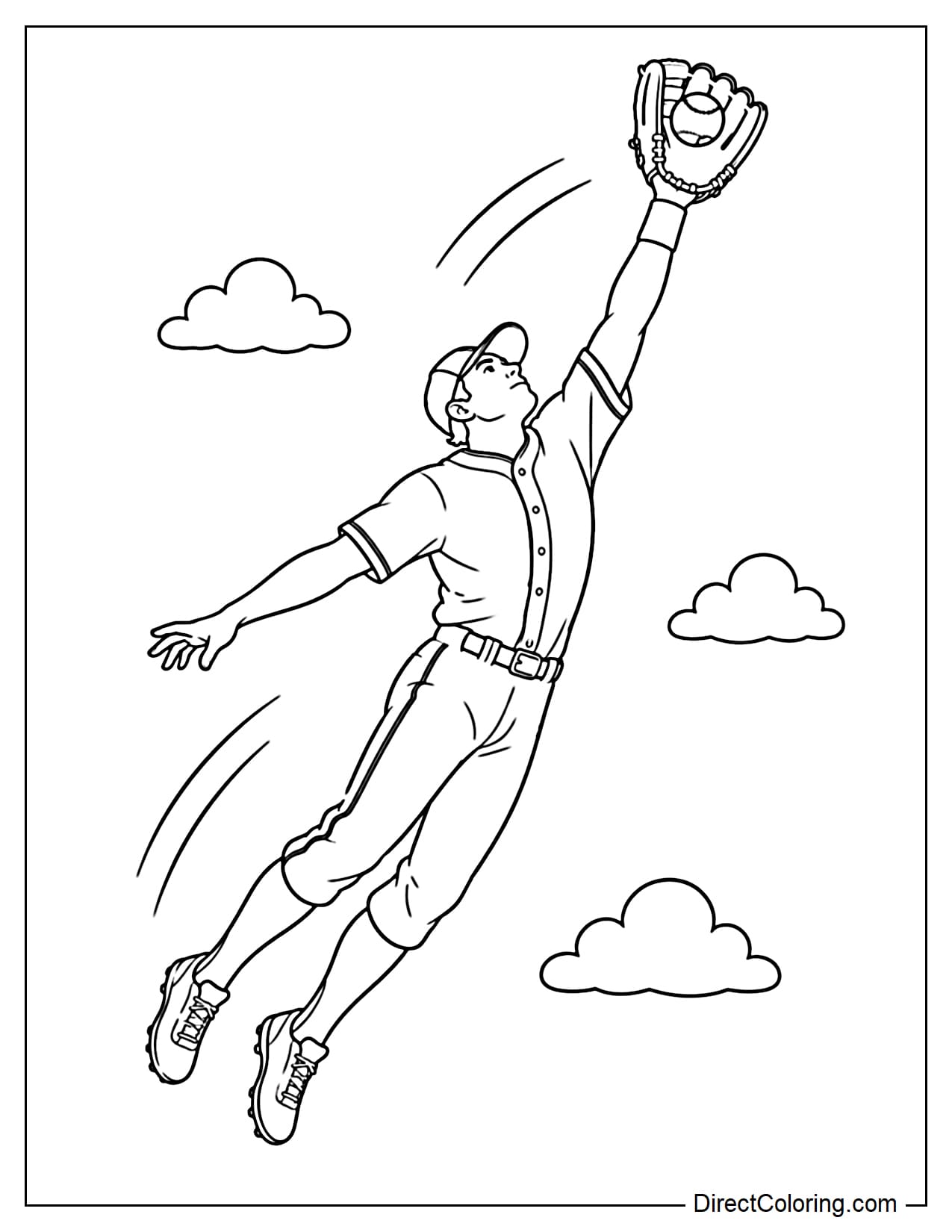A baseball player is jumping to catch a high ball using a large glove. The pose is graceful, with simple clouds around.