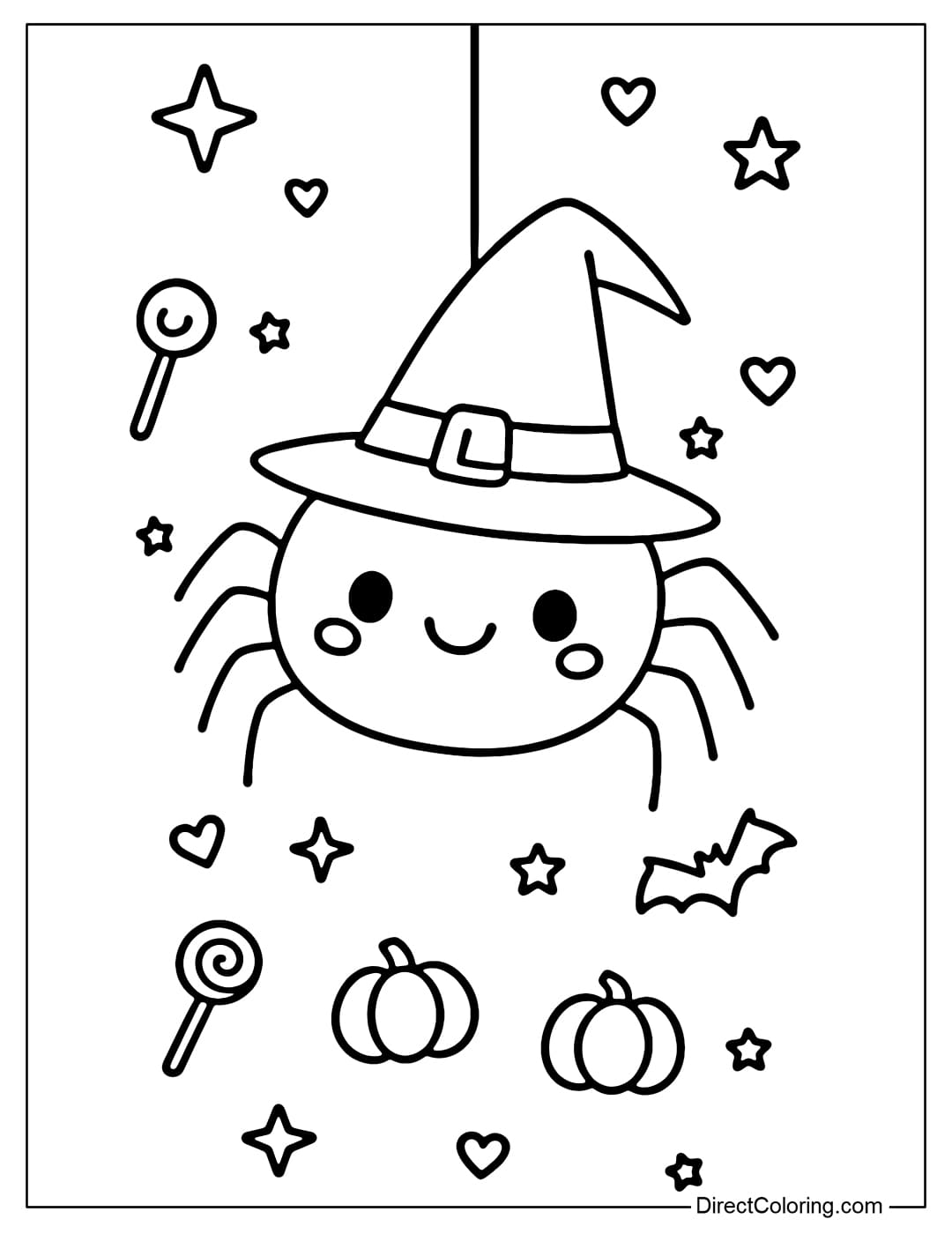 Halloween bookmark coloring page with a cute spider wearing a witch hat, dropping webs from above, with stars and small hearts.