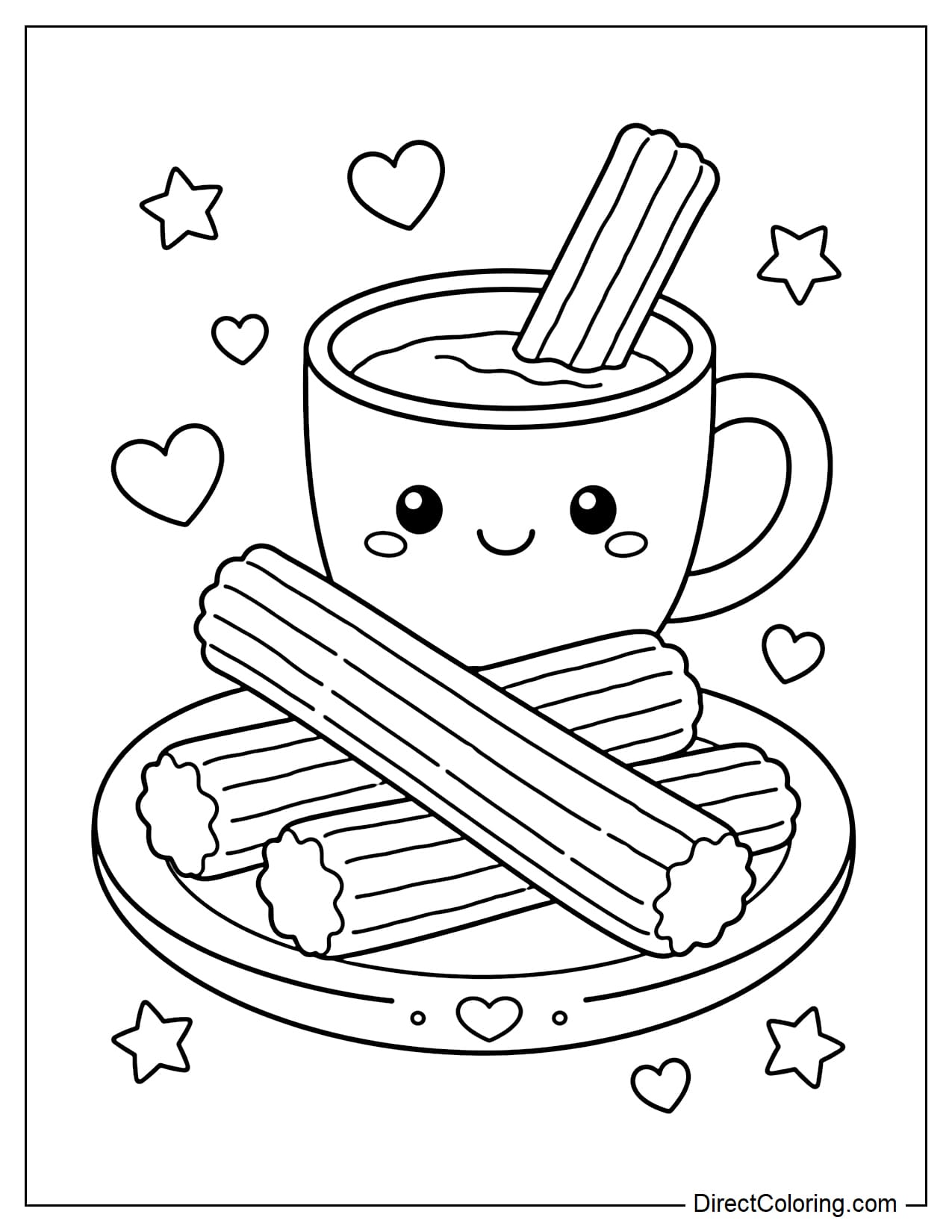 A plate of churros and a cup of hot chocolate, Spanish style, presented cutely, with a few simple stars and hearts around the edges.