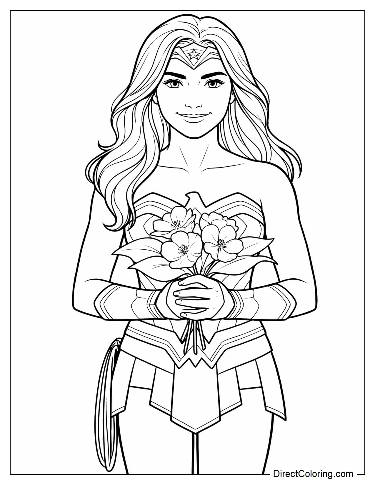 Wonder Woman stands with a gentle smile, holding a simple bouquet of flowers against her chest with both hands, her long hair falling naturally.