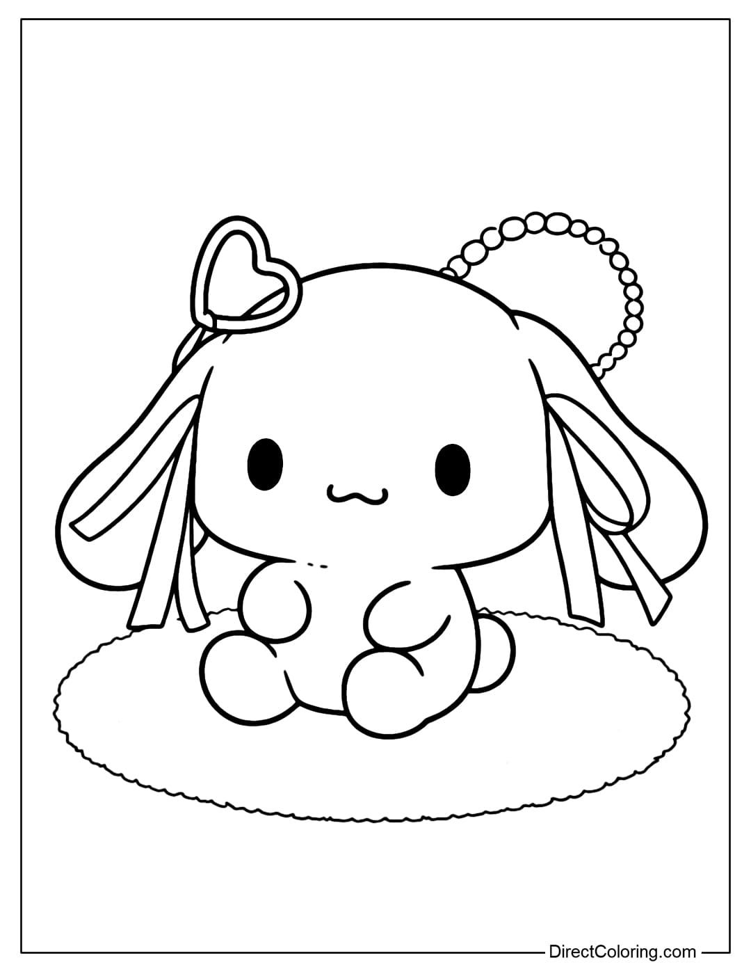 Cinnamamoroll is a coloring page featuring Cinnamoroll sitting on a round rug, wearing a bow and ribbons on her ears.