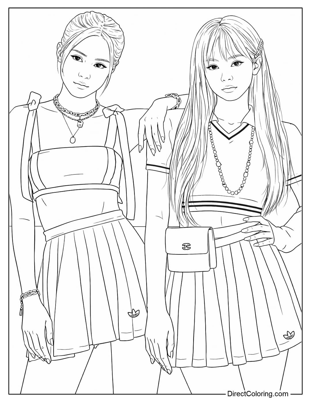 Coloring page of BLACKPINK members Rosé and Jennie wearing Adidas and Chanel outfits, combining dynamic pleated skirts with trendy necklace accessories.