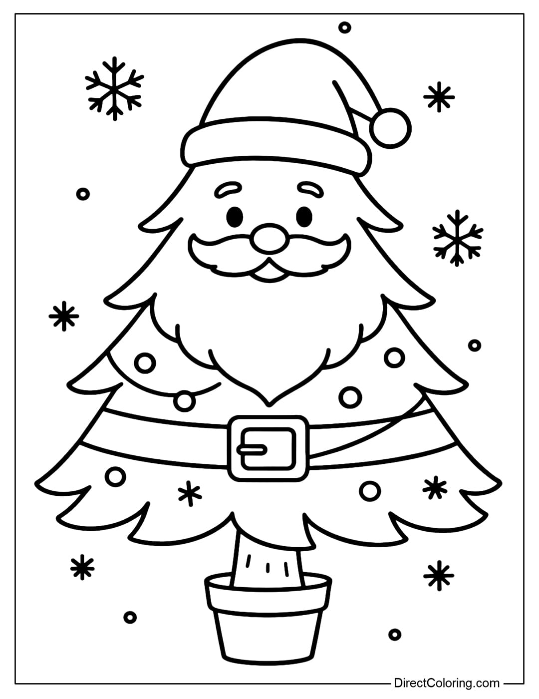 Christmas tree coloring page dressed as Santa Claus: wearing a Santa hat and a big belt.