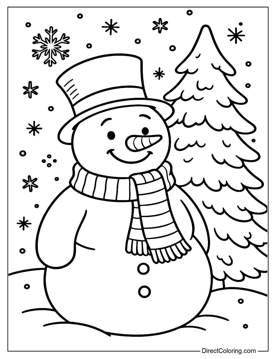 A snowman coloring page wearing a top hat and a striped woolen scarf, with a snow-covered pine tree in the background.