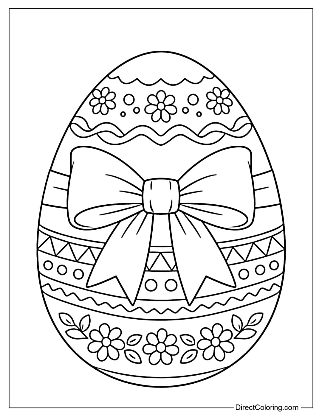 A coloring page featuring a large Easter egg decorated with a cute bow.