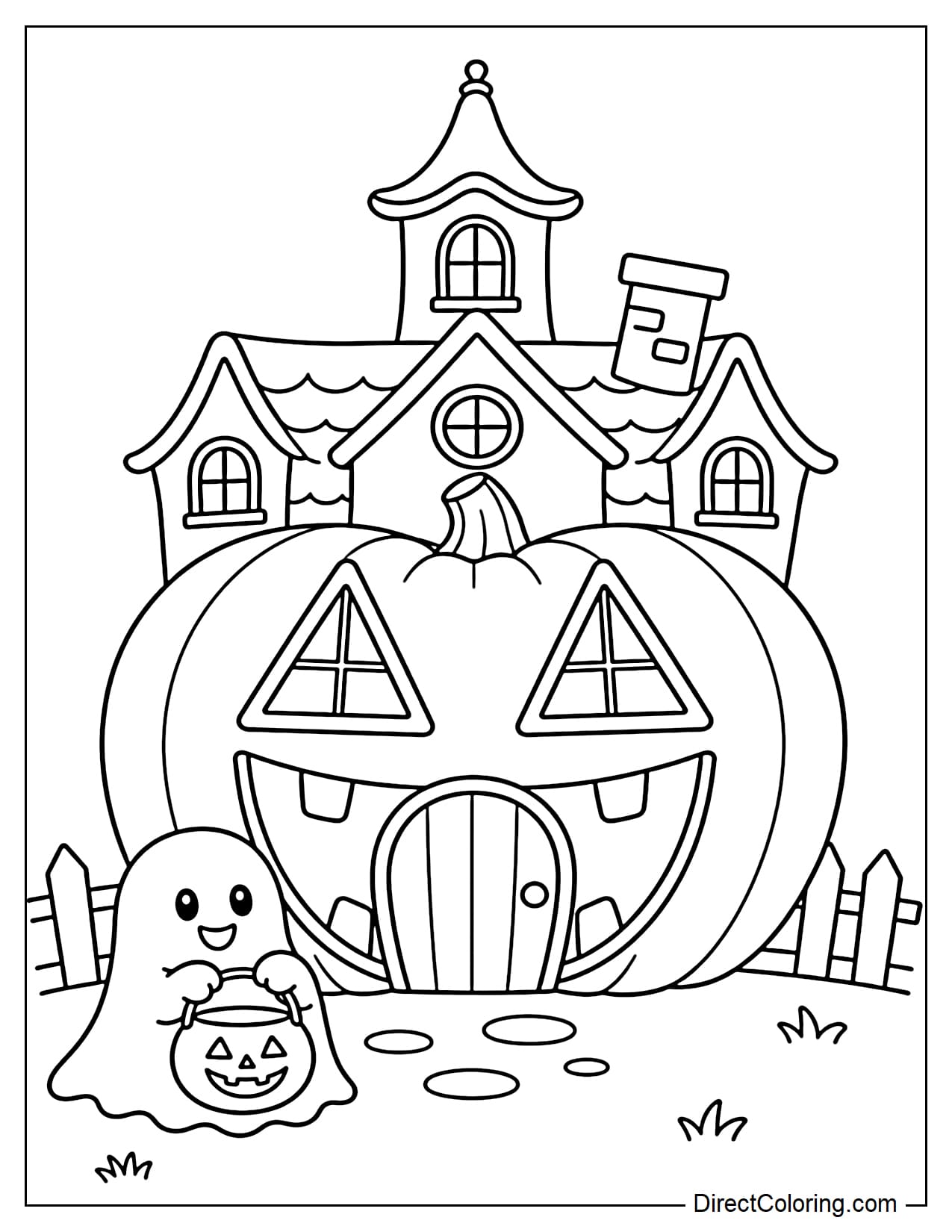 A haunted house featuring a facade shaped like a giant jack-o'-lantern face: triangular windows serve as eyes, the arched front door forms a slightly spooky grin with a few simple, large teeth, and a small ghost holding a Halloween candy bucket stands out front.