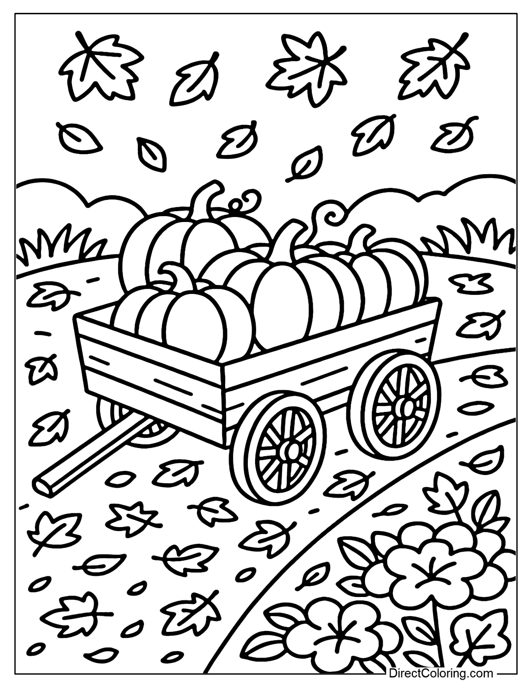 A pumpkin-filled wagon coloring page through a path of fallen leaves.