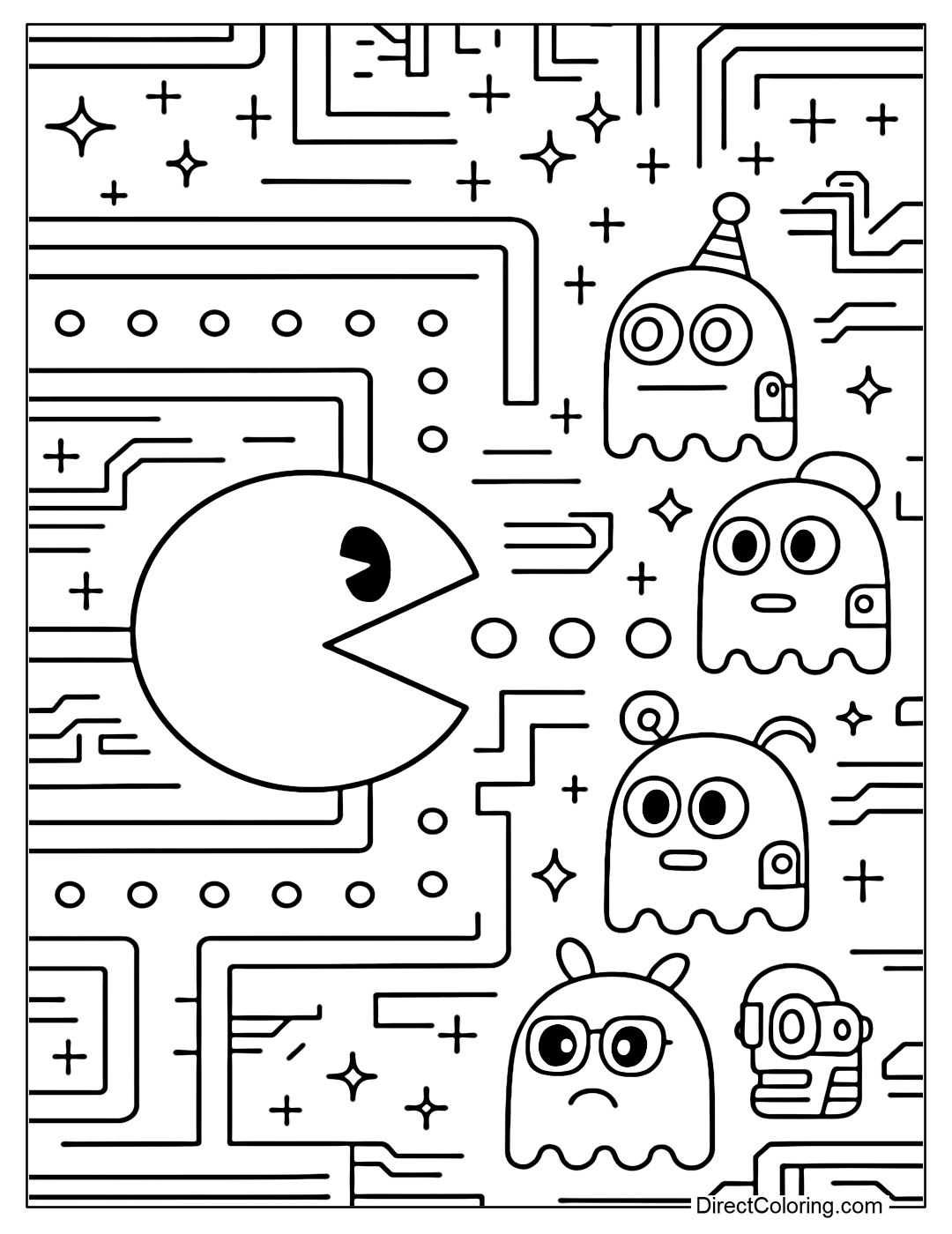 Pac-Man Coloring Page Adventures in a Neon Maze, Walls with Tech Details, Robot-Style Ghosts.