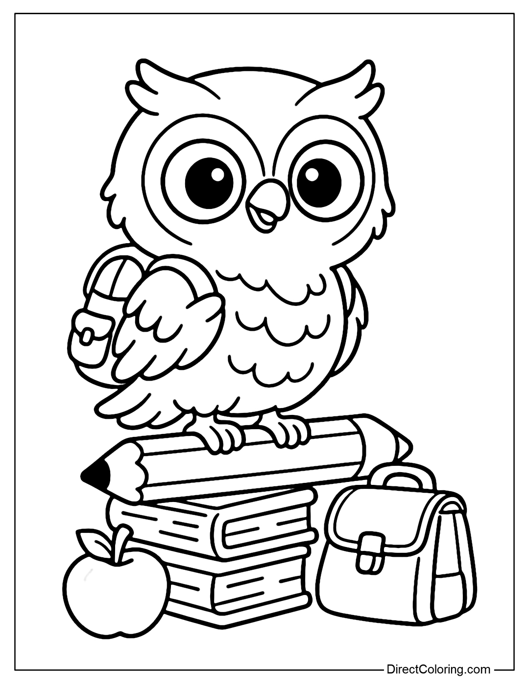 Coloring page of an owl carrying a small backpack, perched on a giant pencil, next to a school bag and an apple, with an excited expression as if preparing to go to class.