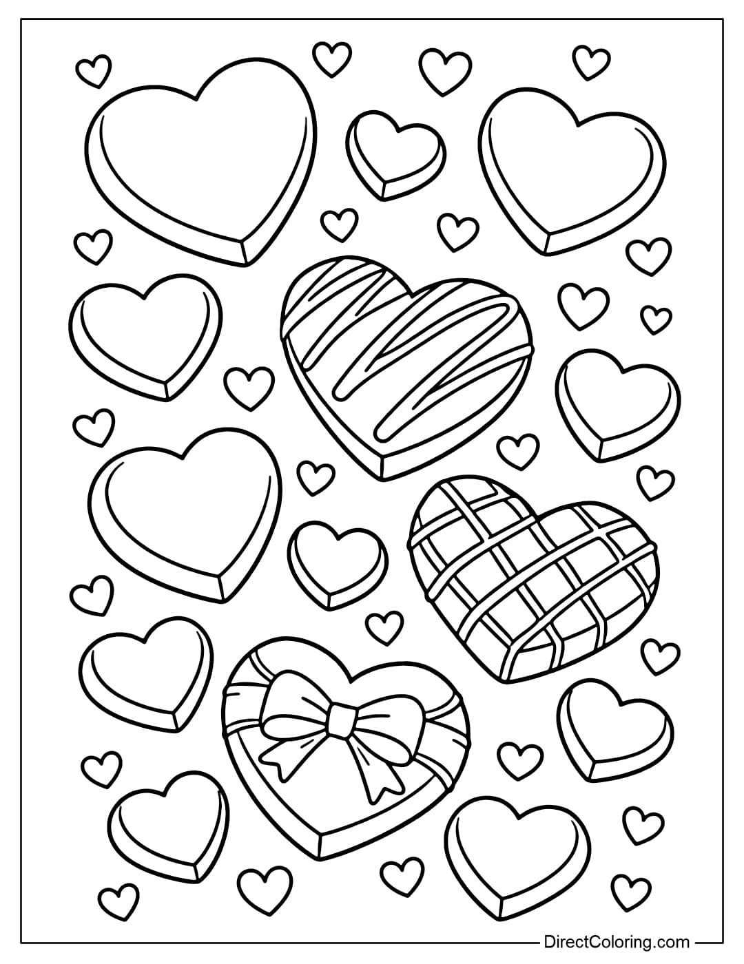 A coloring page with many heart-shaped chocolates of different sizes, arranged harmoniously on a background with small hearts flying around.