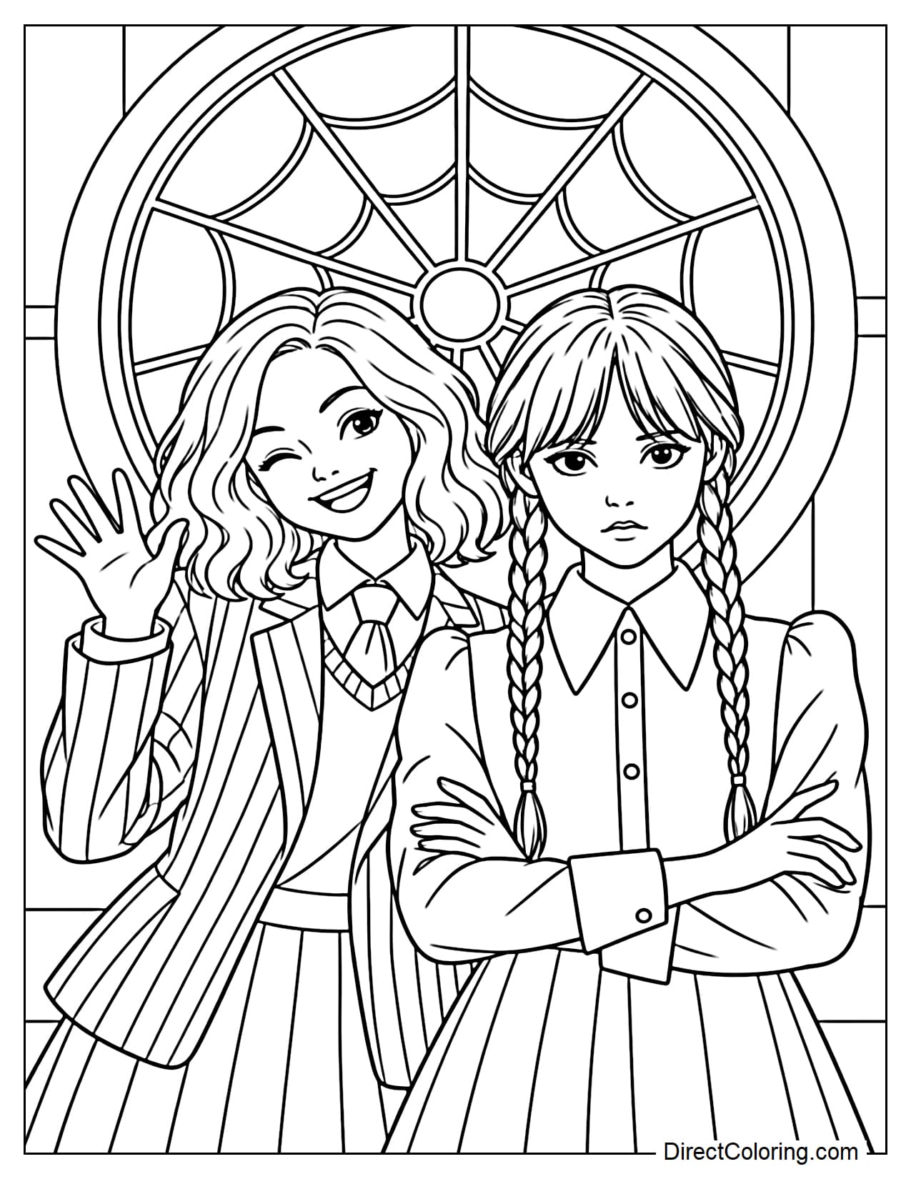 Wednesday and Enid stand side by side in front of the large circular window featuring the distinctive spiderweb design from their dorm room.