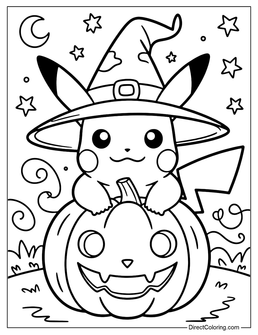 Pikachu coloring page wearing a witch hat, sitting next to a glowing pumpkin on Halloween night.
