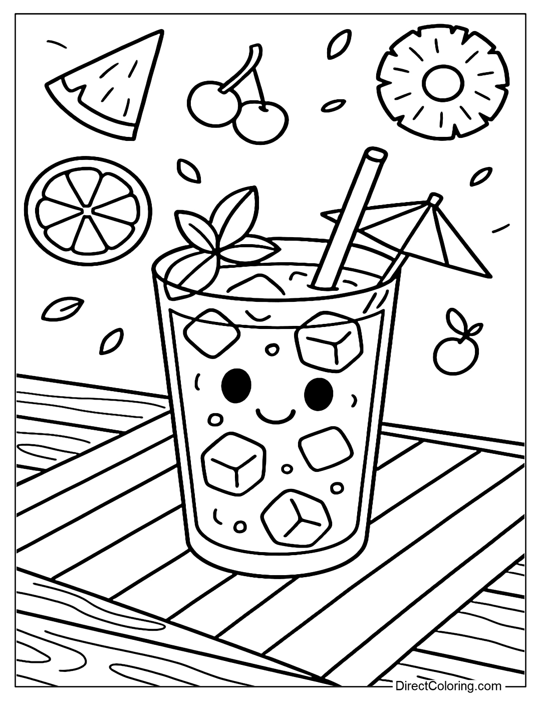 Fruit juice coloring page with orange slices, pineapple, and cherries flying around, picnic table with striped napkins in the background.