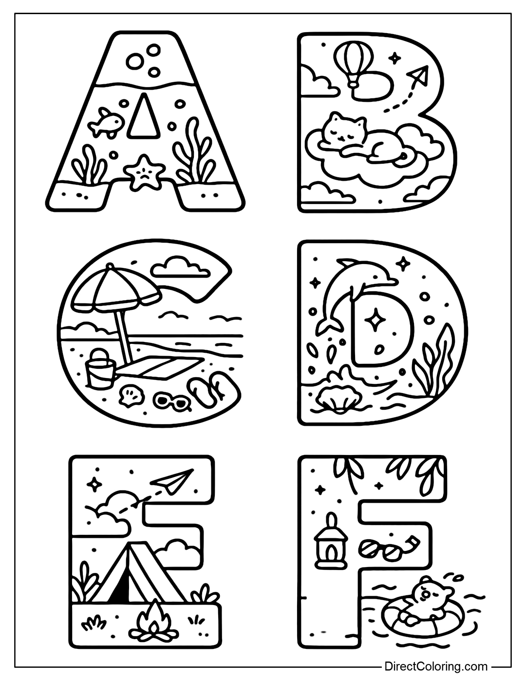 Alphabet coloring page A to F with the letter A with an ocean scene inside. The letter B is a relaxing beach scene. The letter C is a summer sky world. The letter D is an ocean and dolphin theme. The letter E is a summer evening campsite. The letter F is a summer pool scene.