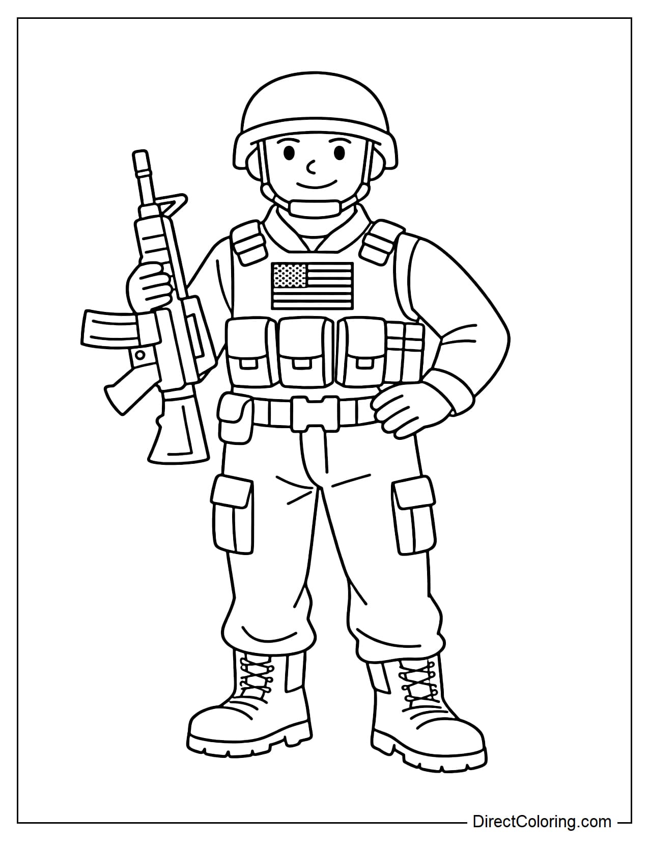 An American soldier standing tall, holding a rifle with confidence.