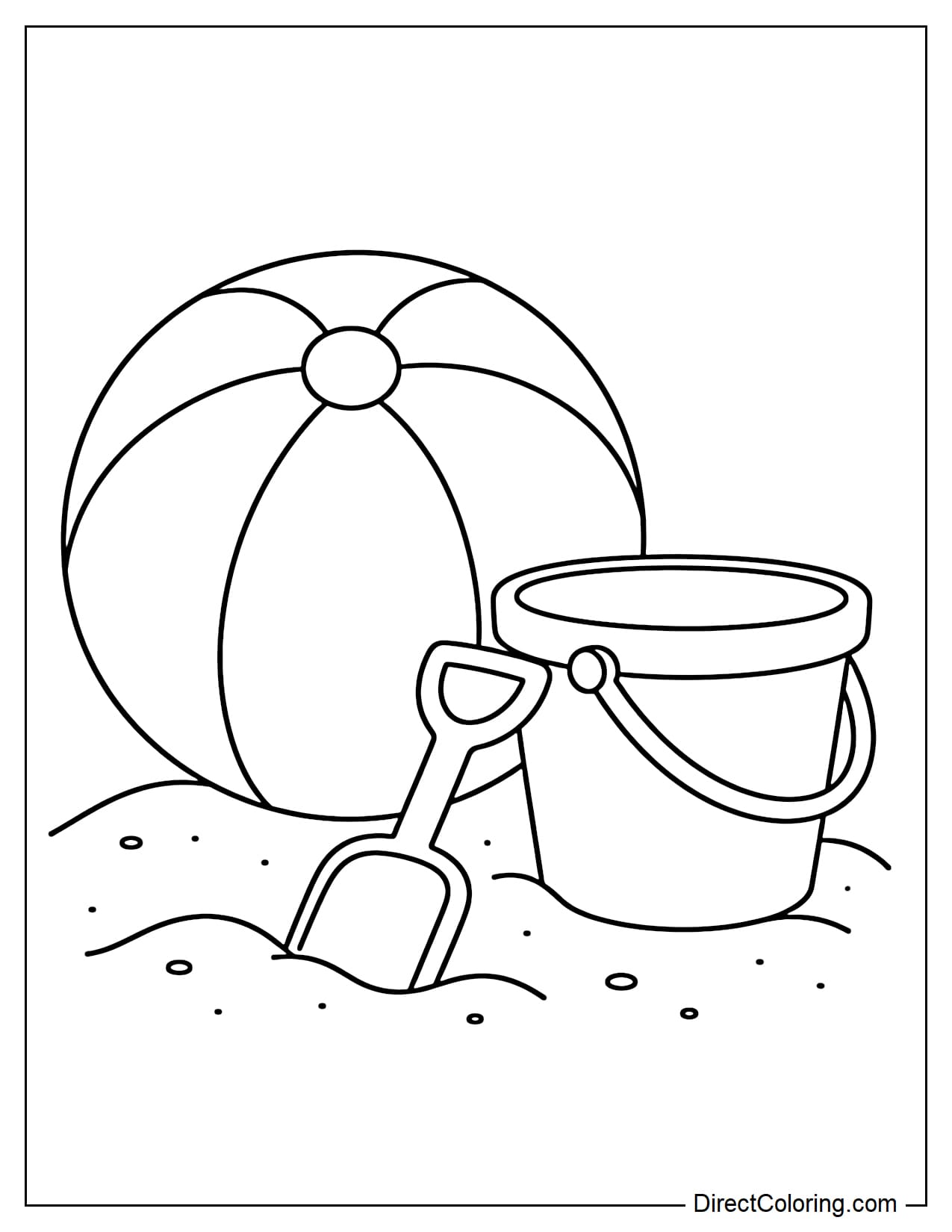 A large beach ball placed next to a bucket and shovel on the sand, objects are drawn simply with clear curves.