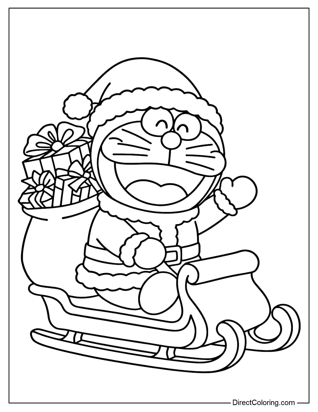 Doraemon coloring page transformed into Santa Claus riding a sleigh, behind is a gift bag containing many Christmas gift boxes.