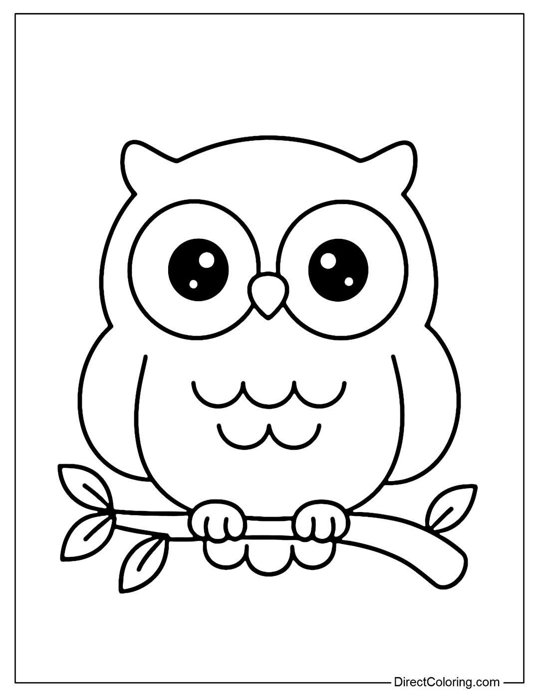 Coloring page of a chubby round owl, big sparkling eyes, simple and easy to color feathers, sitting on a small tree branch with a few leaves.