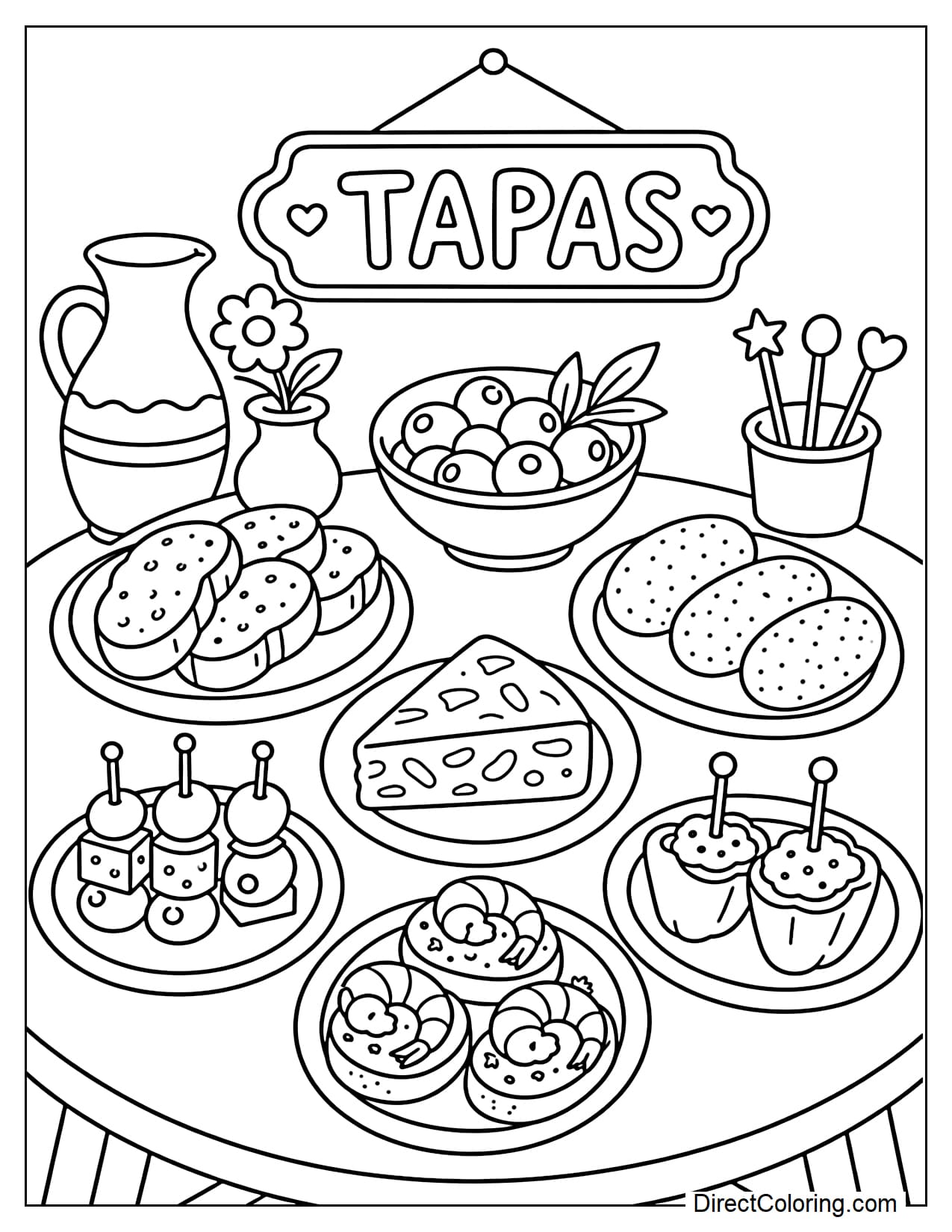 A Spanish tapas table with many small plates containing bread, olives, and snacks, a neat and friendly layout, easy for children to color.