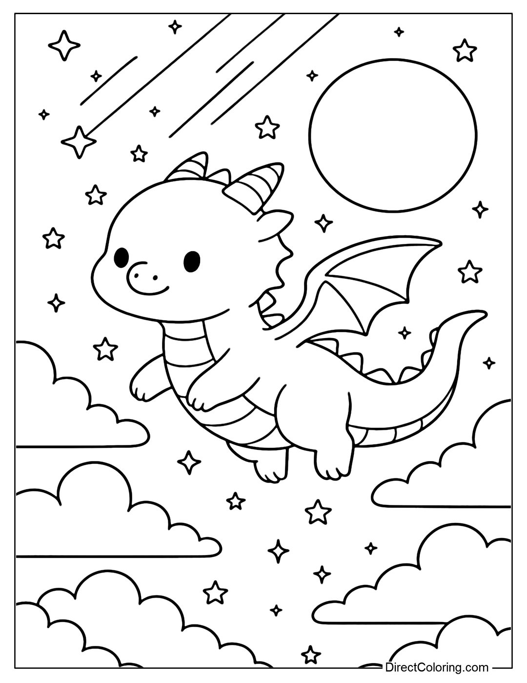 Coloring page of a cute dragon flying gracefully in the night sky, surrounded by silver clouds and brilliant stars.