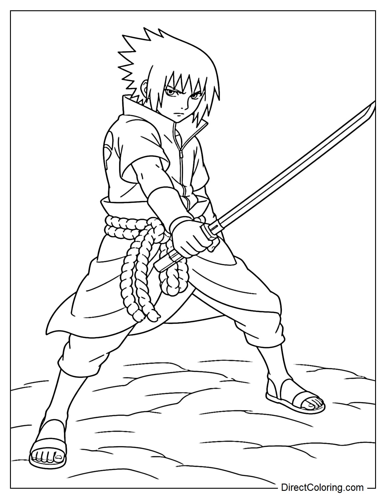 Sasuke stands holding a sword with a determined look in his eyes; the sword is simply drawn.