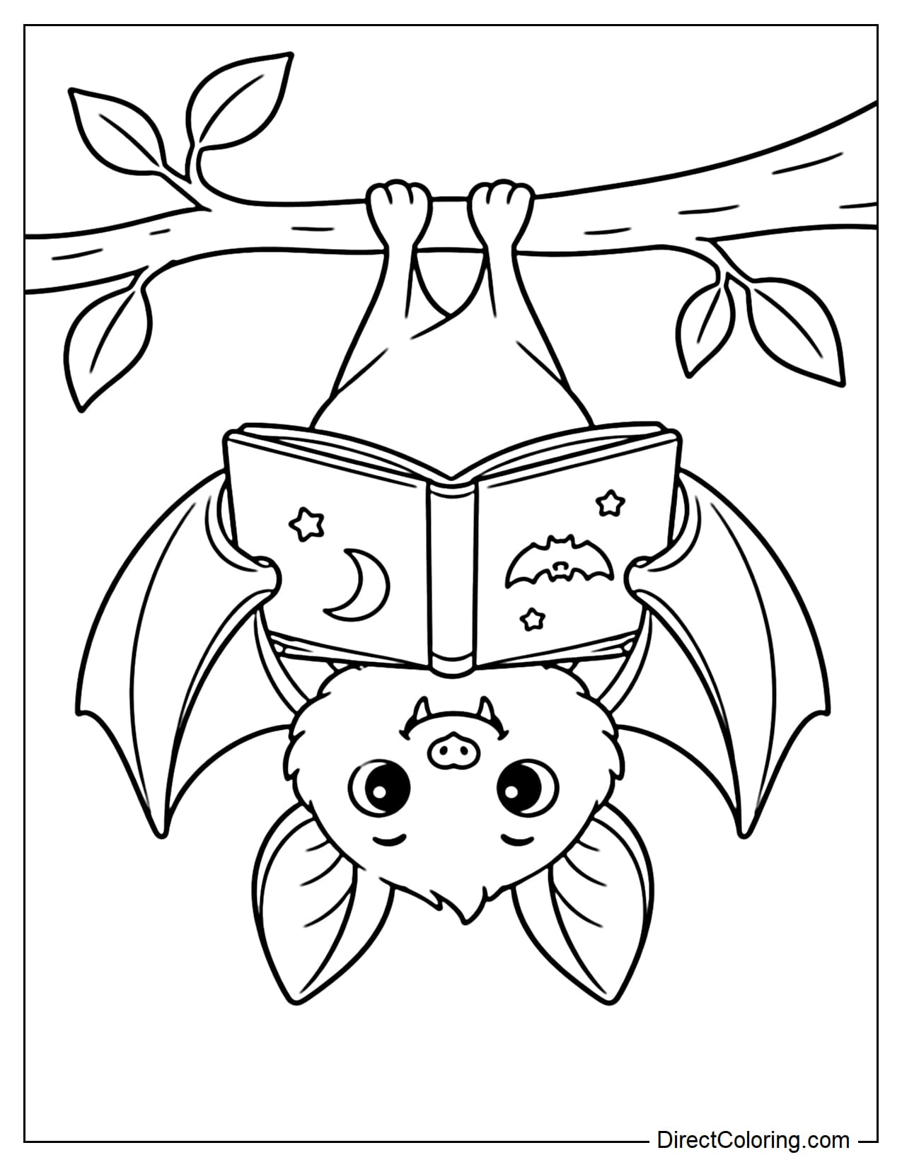A cute bat hangs upside down from a tree branch while carefully reading a book.