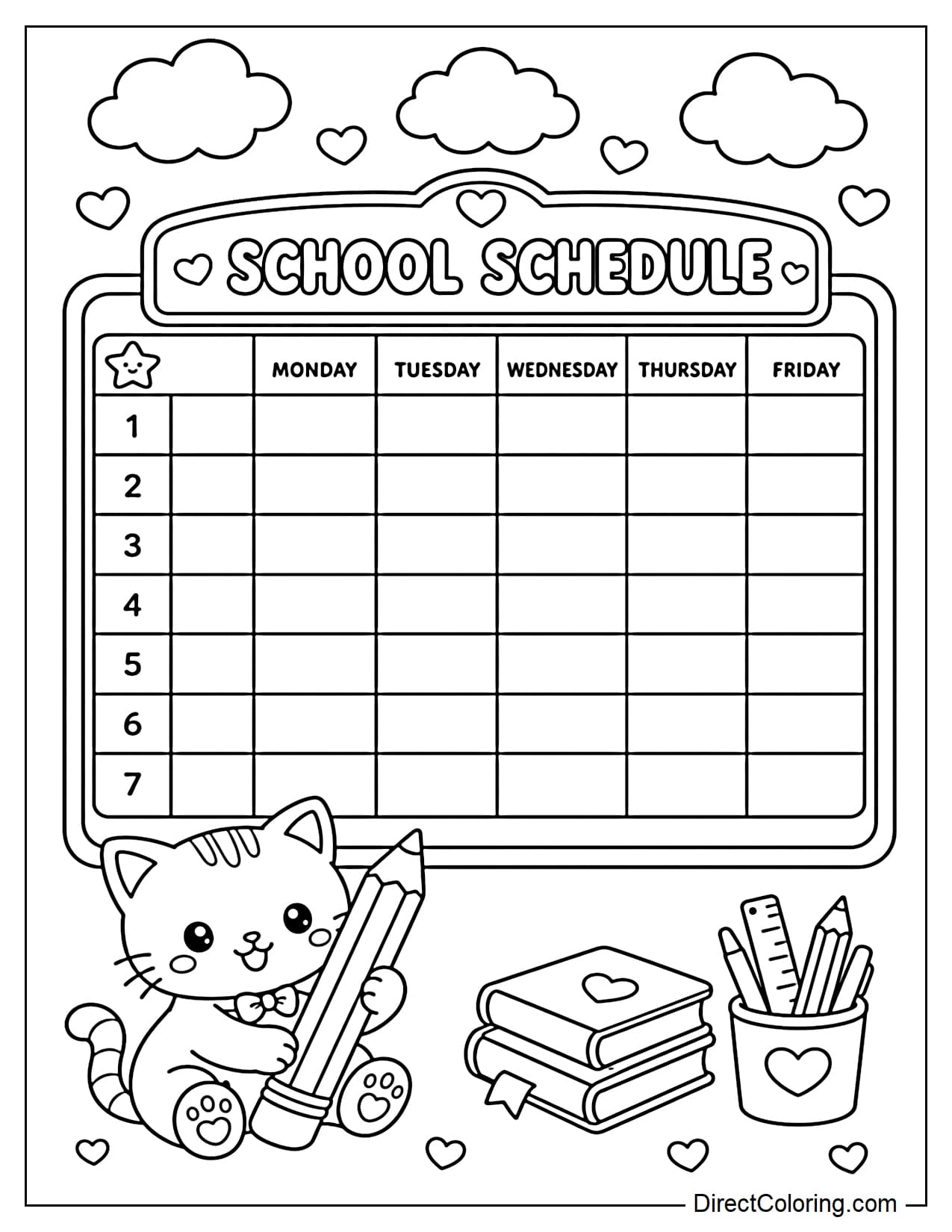 A school schedule with a kitten holding a large pencil sitting next to a simple schedule board, with some cute little clouds and hearts above.