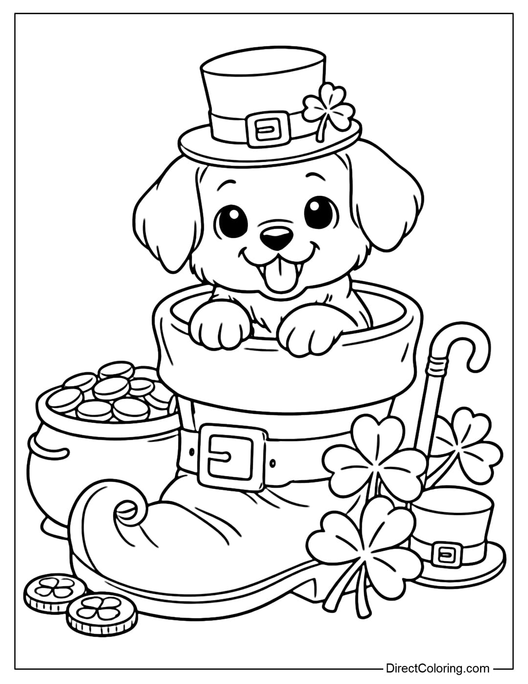 Coloring page with an adorable puppy sitting in a Leprechaun boot, next to a shamrock and festive accessories.