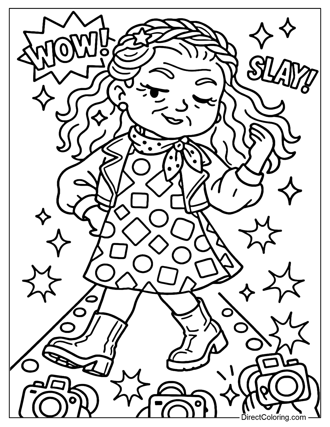 Coloring page Grandma is confidently walking down the long catwalk with one hand on her hip, the other hand lightly tossing her hair, her lips smiling proudly and humorously.