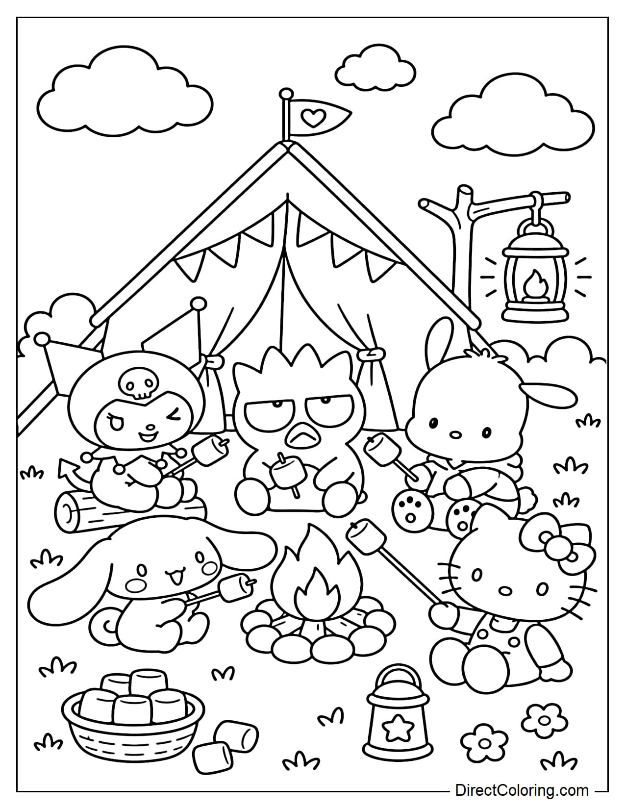 Sanrio characters Kuromi, Badtz-Maru, Pochacco, Cinnamoroll, and Hello Kitty are sitting around a cute little summer camping tent, complete with lanterns, marshmallows, and some fluffy clouds above.