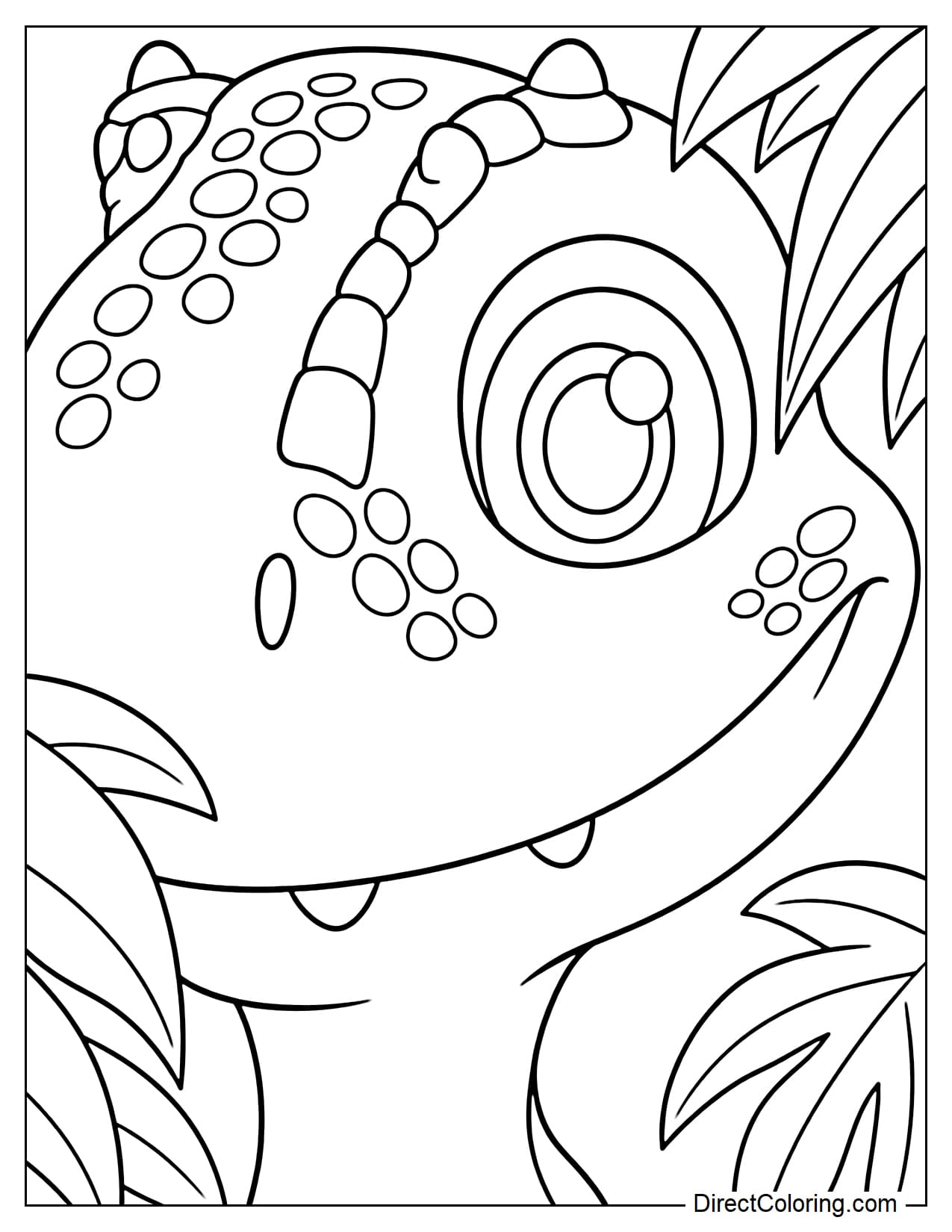 A cute baby dinosaur peeks through large jungle leaves, smiling with bright eyes from Paw Patrol: The Dino Movie.