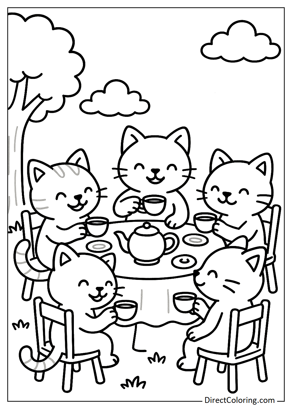 Five cats attending a tea party coloring image