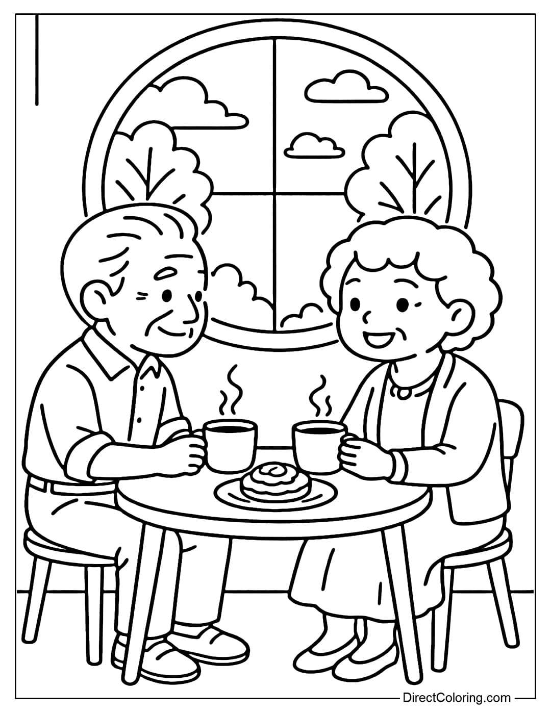 Coloring page of grandparents sitting in a coffee shop, with two cups of coffee and cakes in front of them.