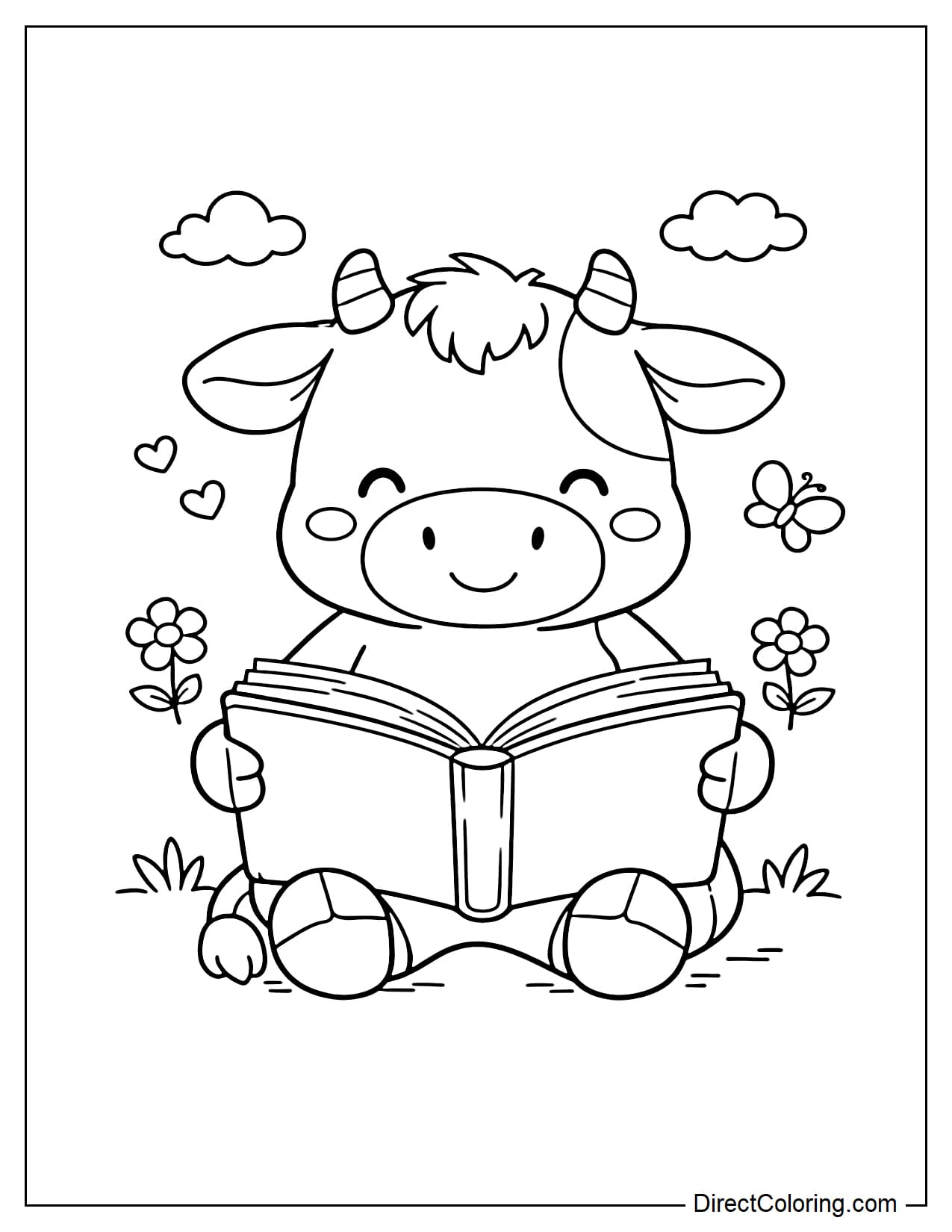 A cow is sitting and reading a book with a large, clear book, creating a gentle feeling.