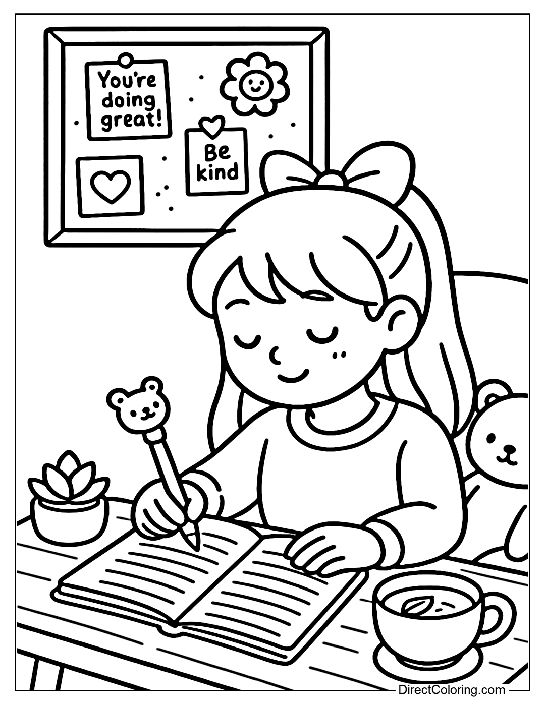 Coloring page of a girl with a bow-tie writing a gratitude diary on a small wooden table, next to a cup of herbal tea