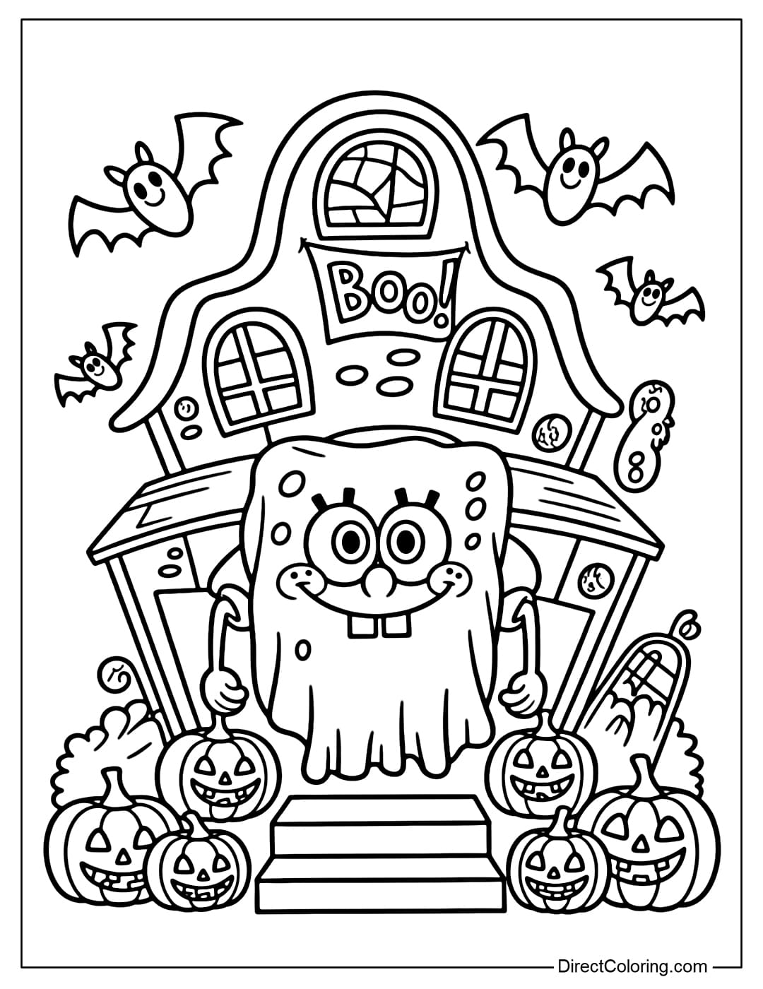 Coloring page SpongeBob dressed as a ghost in a haunted house, surrounded by bats, spider webs and pumpkins.