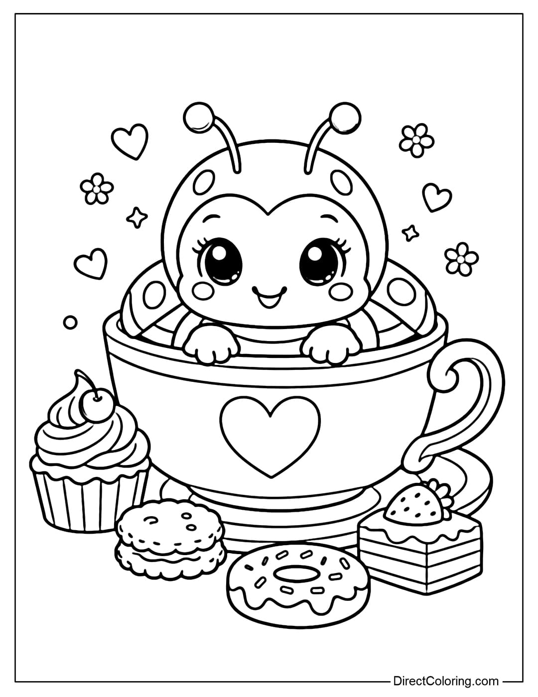 A coloring page of a ladybug sitting inside a cute large teacup, surrounded by some small cakes.