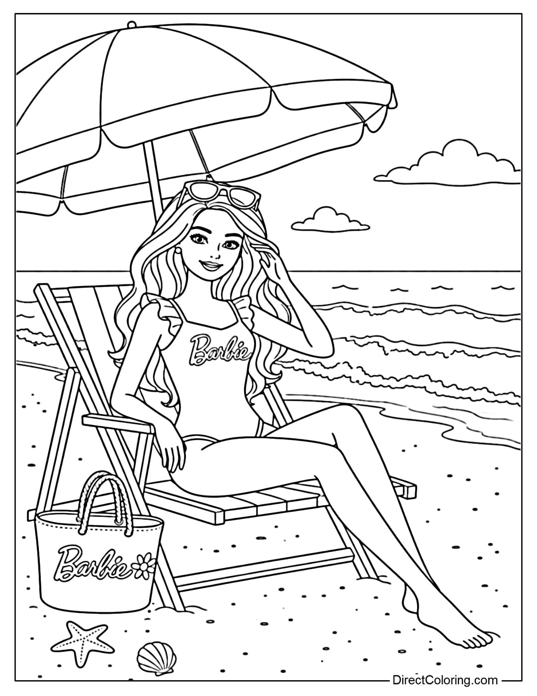 A coloring page of Barbie relaxing on the beach with a sun umbrella and ocean waves in the background.