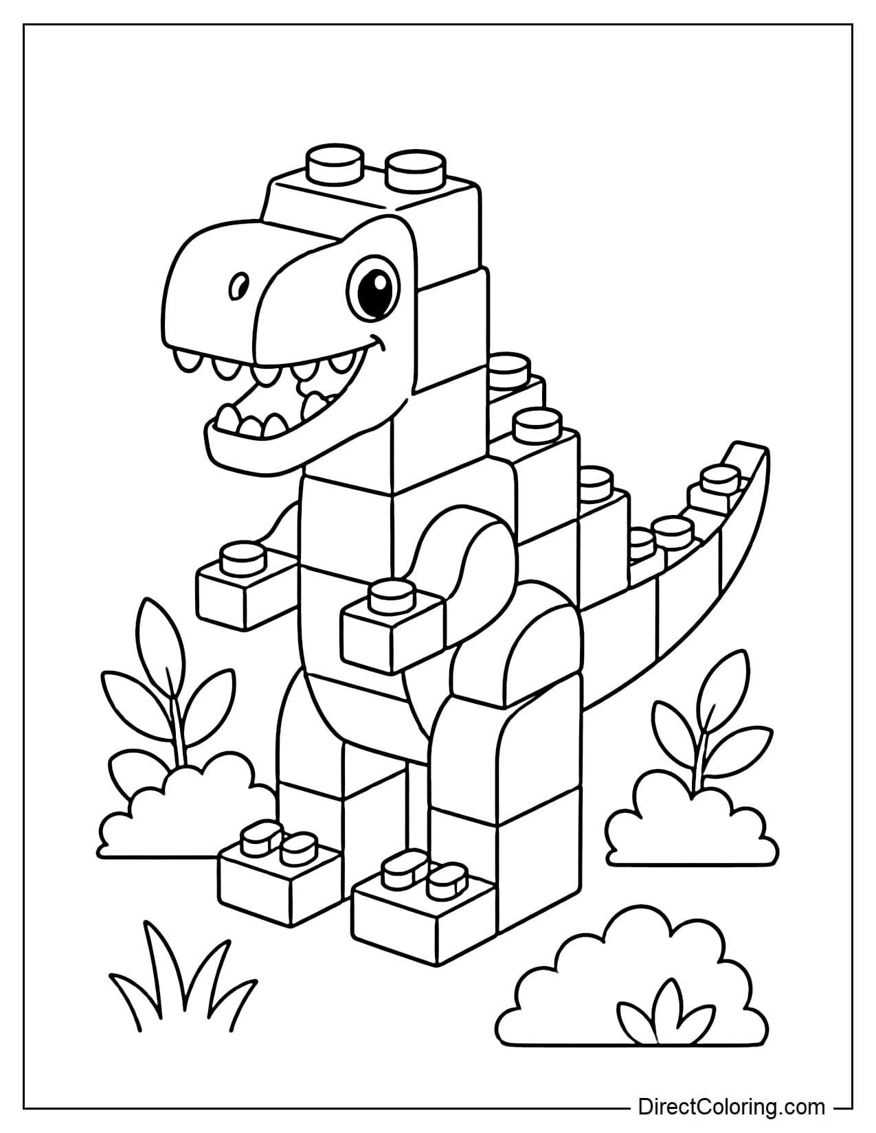 A large LEGO block dinosaur is standing happily with its big tail and some bushes around it.