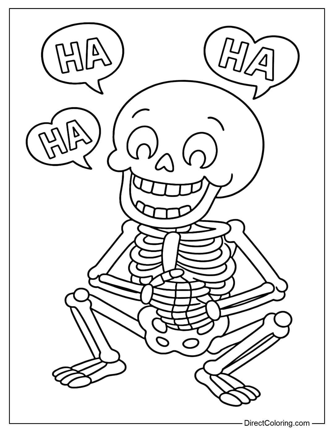 Coloring page of a skeleton sitting on the floor, holding his stomach and laughing loudly, with cute round eyes and a few 