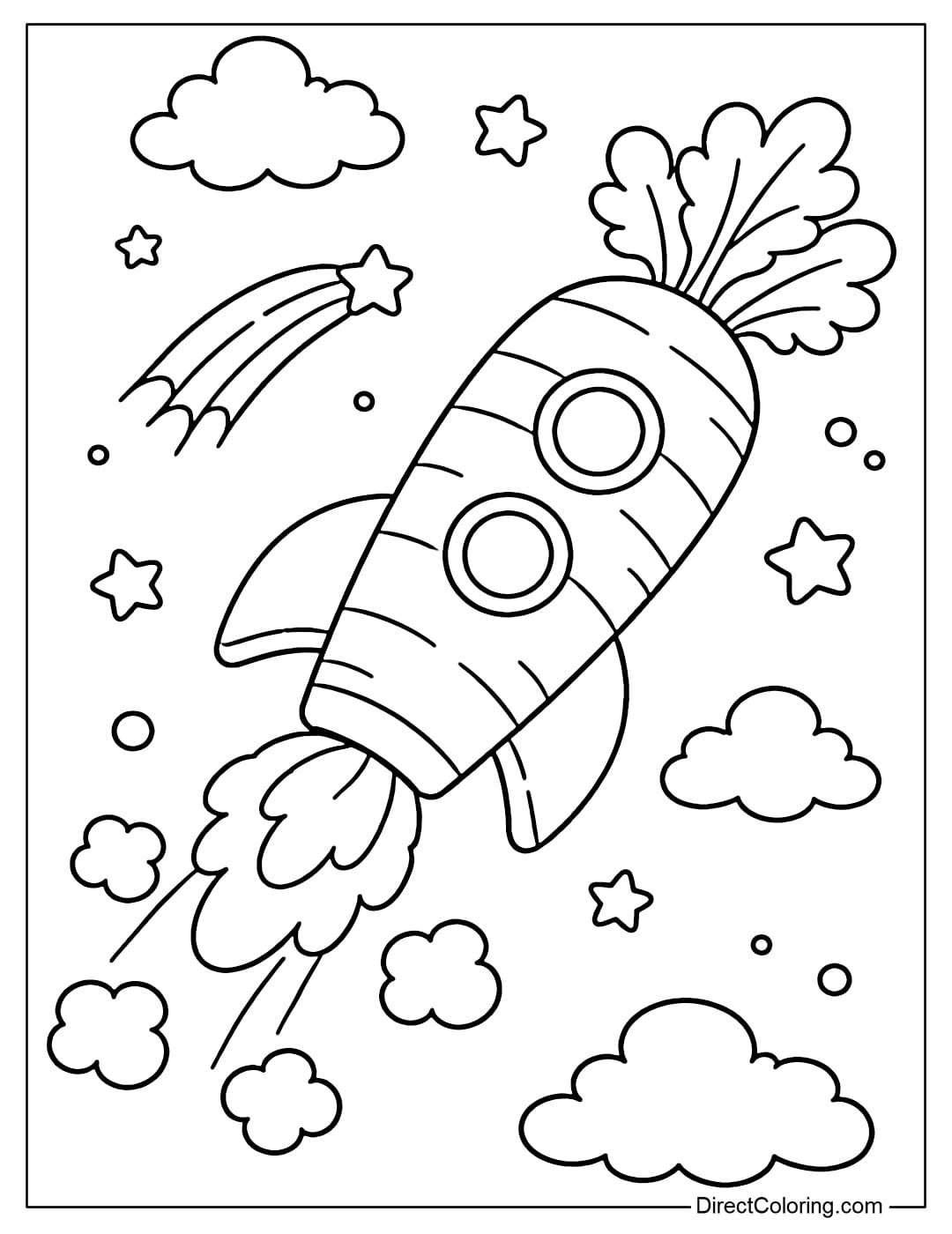 A simple carrot-shaped rocket flying upwards.