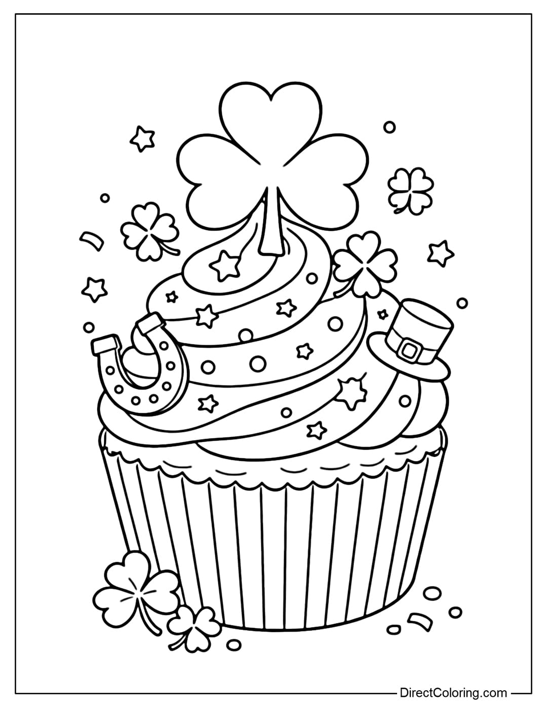 A coloring page of a festive cupcake with a cute shamrock topping