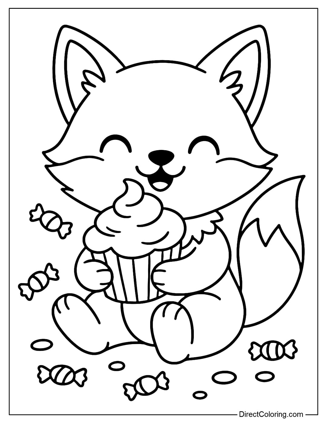 Coloring page of a little fox sitting and eating a big cupcake, holding it tightly, with a few candies around it.