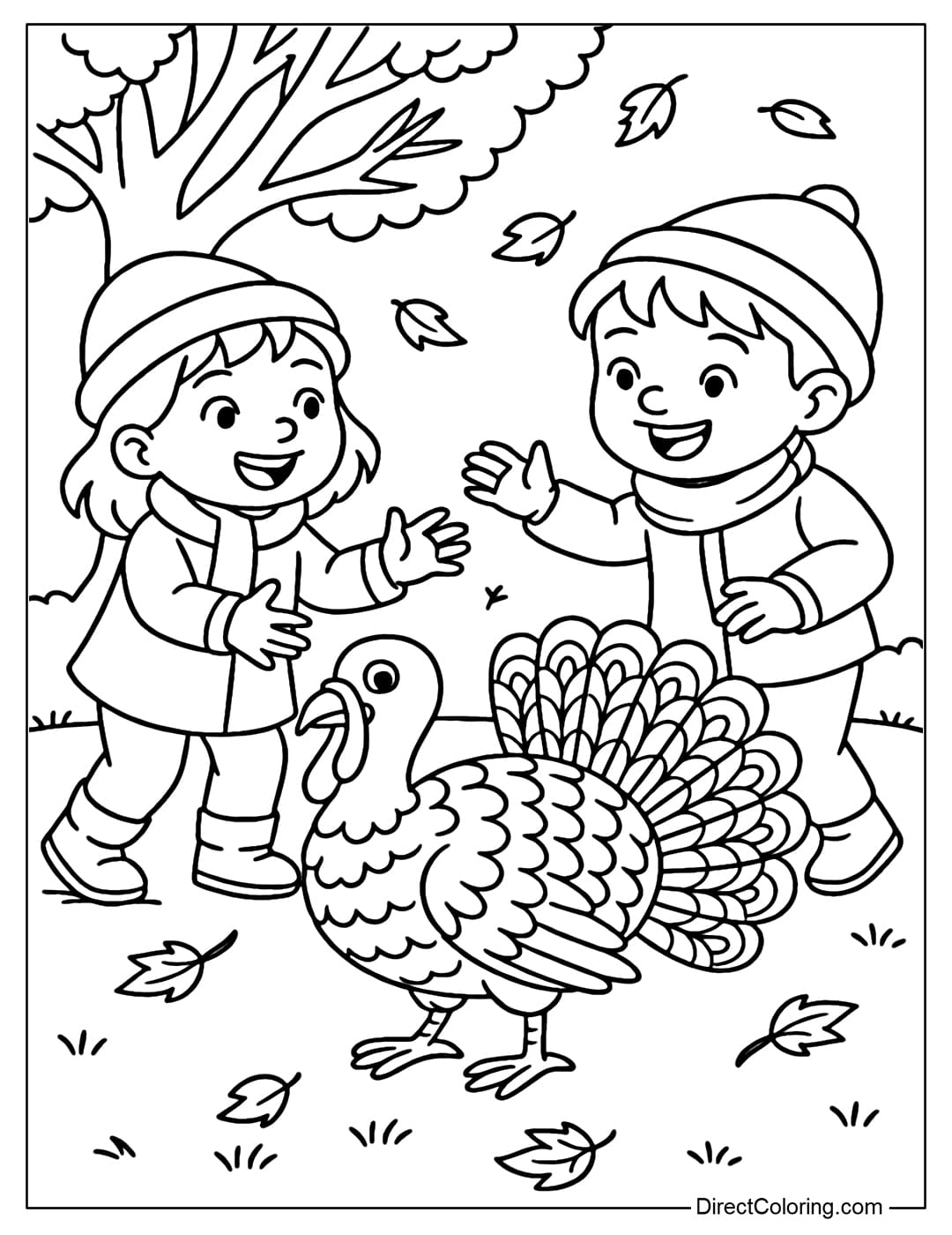 Coloring page of two children playing with a turkey in the grass, in the distance a large tree is shedding its leaves.